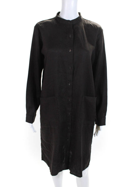 Eileen Fisher Womens Linen Button Down Long Sleeve Tunic Dress Brown Size XS