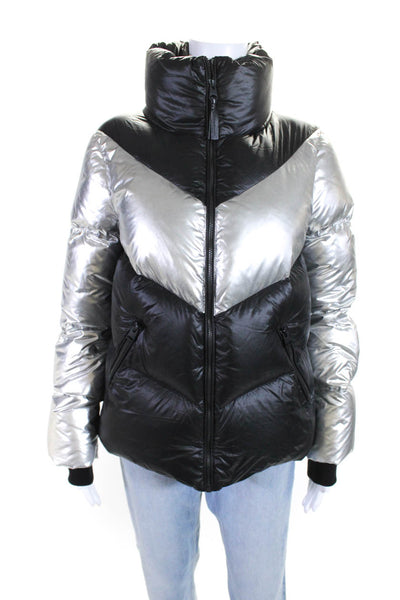 Mackage Womens Two Tone Full Zip Down Puffer Coat Black Silver Size S