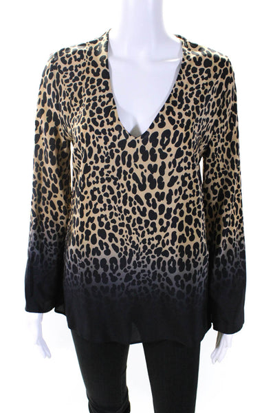 Etro Milano Womens Silk Jaguar Print V-Neck Flounce Sleeve Blouse Top Tan Size S
