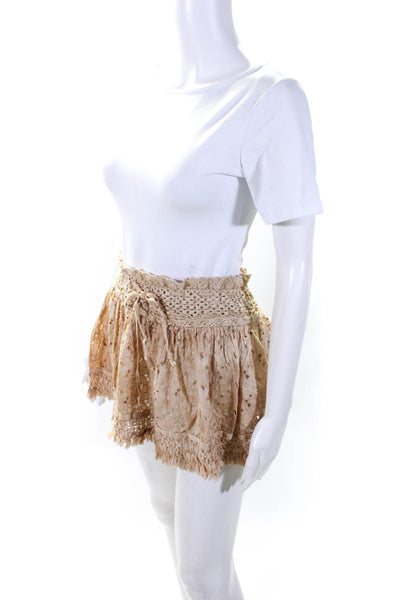 Sunday Womens Lace Fringe Trim Drawstring Mini Skirt Beige Size M