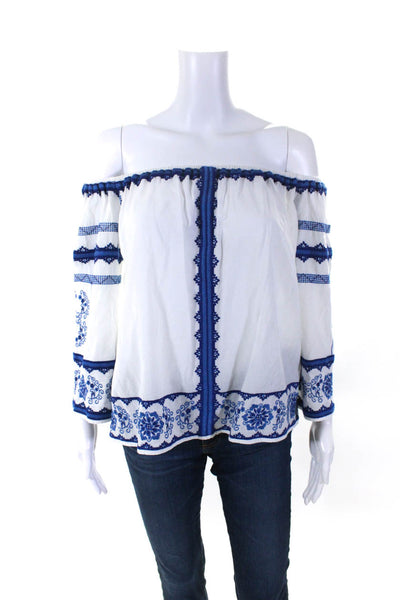 Love Sam Womens Embroidered Off Shoulder Top Blouse Blue White Size Small