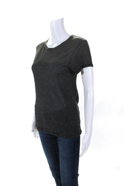 Rag & Bone Womens Metallic Stripe Knit Short Sleeve Top Tee Shirt Black Small