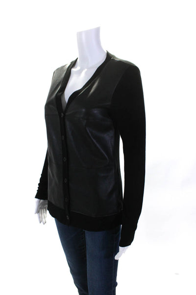 Bailey 44 Womens Knit Faux Leather Button Up Cardigan Sweater Black Size Small