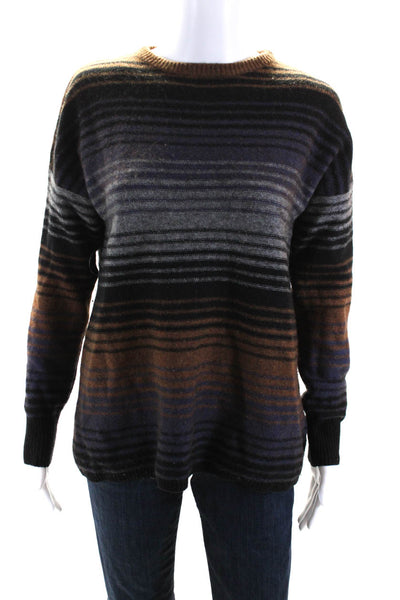 Two Danes Womens Pullover Crew Neck Striped Sweater Brown Gray Purple Size Small