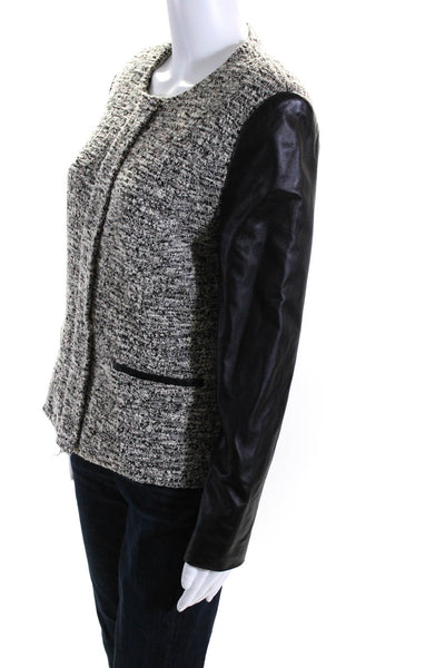 Barneys New York Womens Crew Neck Leather Trim Knit Jacket Black Gray Medium