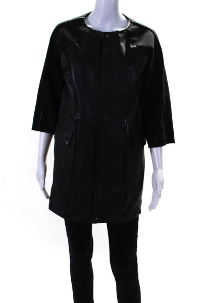 American Retro Womens Cotton + Leather Zip Up Mid-Length Jacket Black Size 38