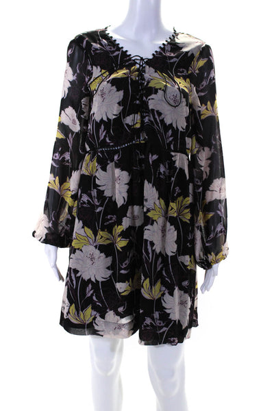 Ella Moss Women's V-Neck Long Sleeves Black Floral Mini Dress Size L