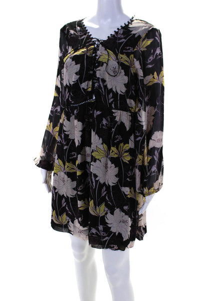 Ella Moss Women's V-Neck Long Sleeves Black Floral Mini Dress Size L
