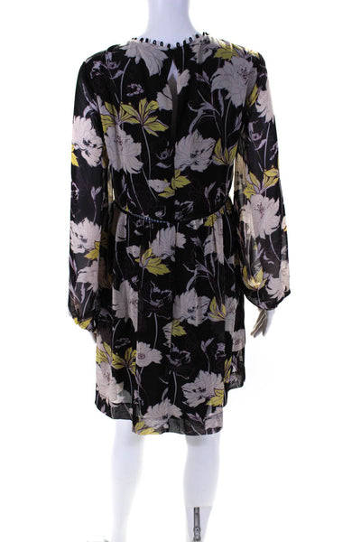 Ella Moss Women's V-Neck Long Sleeves Black Floral Mini Dress Size L