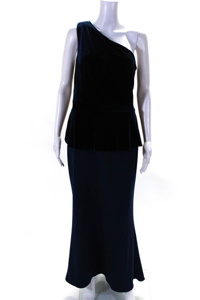Lauren Ralph Lauren Womens Velvet One Shoulder Peplum Long Gown Blue Size 10