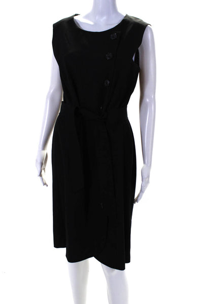 Tahari Womens Buttoned Tie Waist Round Neck Sleeveless Shift Dress Black Size 10