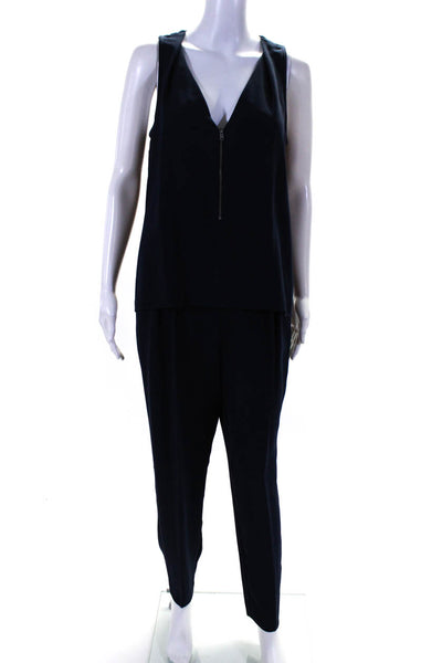 Trina Turk Womens V Neck Sleeveless Layered Zippered Jumpsuit Navy Blue Size 6