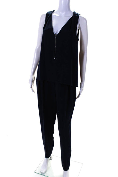 Trina Turk Womens V Neck Sleeveless Layered Zippered Jumpsuit Navy Blue Size 6