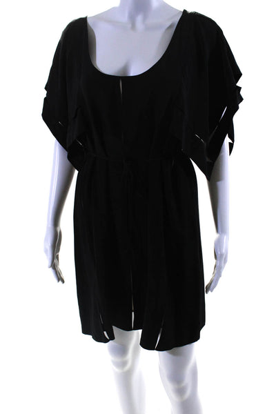 Madison Marcus Women's Short Sleeves Tie Waist Pockets Mini Dress Black Size L