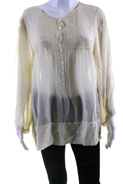 Johnny Was Women's Round Neck Long Sleeves Half Button Blouse Beige Size L