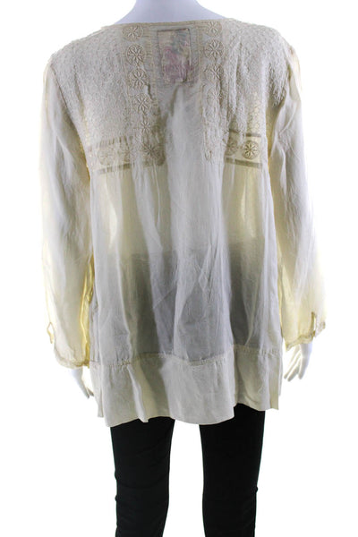 Johnny Was Women's Round Neck Long Sleeves Half Button Blouse Beige Size L