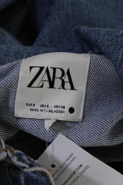 Zara Womens Denim Long Sleeve Button Down Belted Shirt Dress Blue Size S
