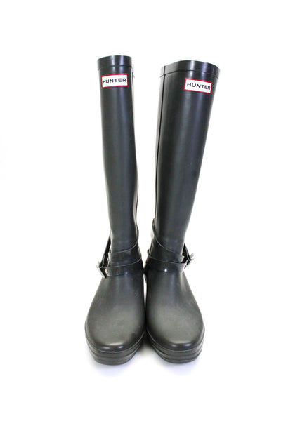 Hunter Womens Buckled Strap Low Wedge Heeled Knee High Rain Boots Gray Size 8
