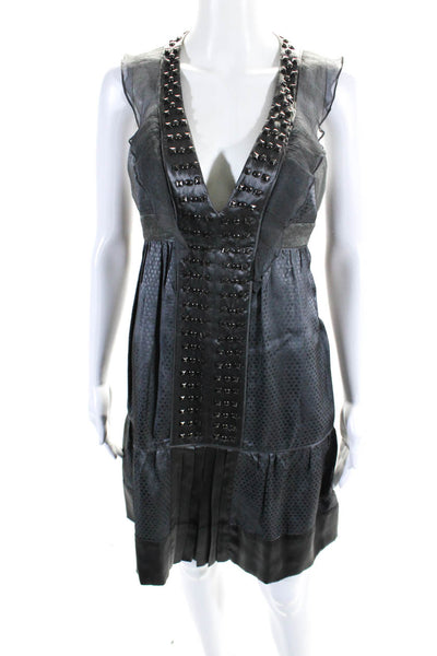 Erica Davies Womens Gray Studded V-Neck Ruffles Sleeveless A-Line Dress Size 6