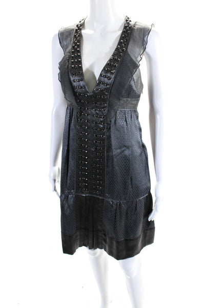 Erica Davies Womens Gray Studded V-Neck Ruffles Sleeveless A-Line Dress Size 6