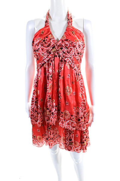 La Rok Womens Orange Silk Paisley Print Halter Sleeveless Shift Dress Size M