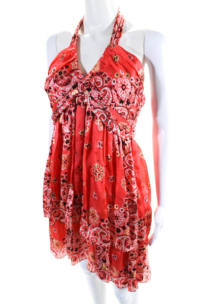 La Rok Womens Orange Silk Paisley Print Halter Sleeveless Shift Dress Size M