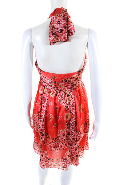 La Rok Womens Orange Silk Paisley Print Halter Sleeveless Shift Dress Size M