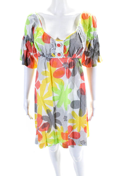 La Rok Womens Multicolor Cotton Floral Scoop Neck 3/4 Sleeve Shift Dress SizeM