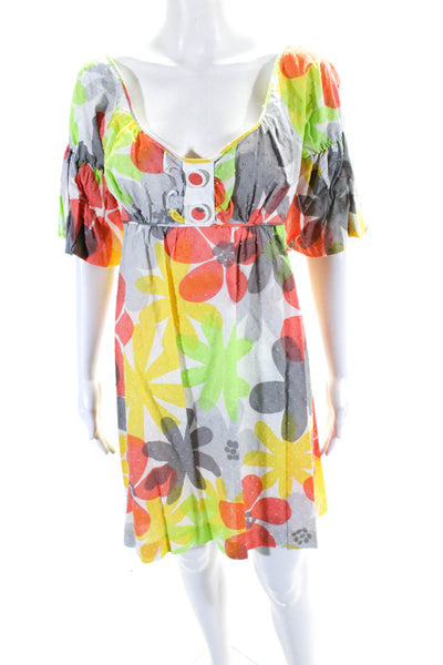 La Rok Womens Multicolor Cotton Floral Scoop Neck 3/4 Sleeve Shift Dress SizeM