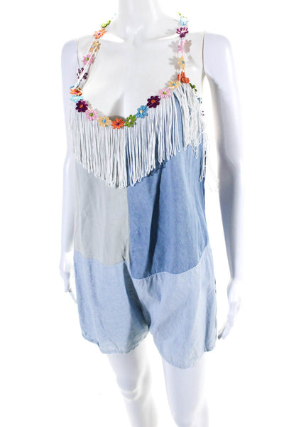 The Ragged Priest Womens Blue Patch Fringe Floral Sleeveless Romper Size M