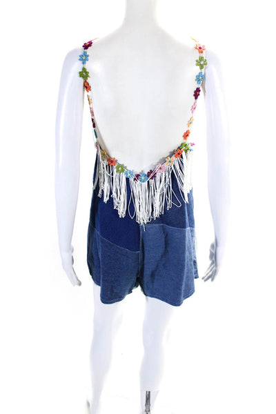 The Ragged Priest Womens Blue Patch Fringe Floral Sleeveless Romper Size M