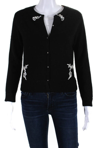 Vu Womens Embroidered Round Neck Button Up Cardigan Sweater Black Size S