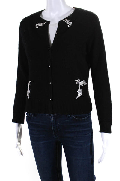 Vu Womens Embroidered Round Neck Button Up Cardigan Sweater Black Size S