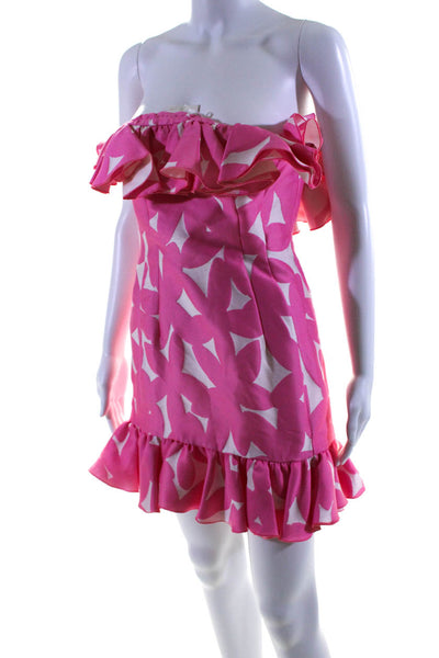 Sara Battaglia Womens Side Zip Strapless Ruffled Printed Dress Pink White IT 38