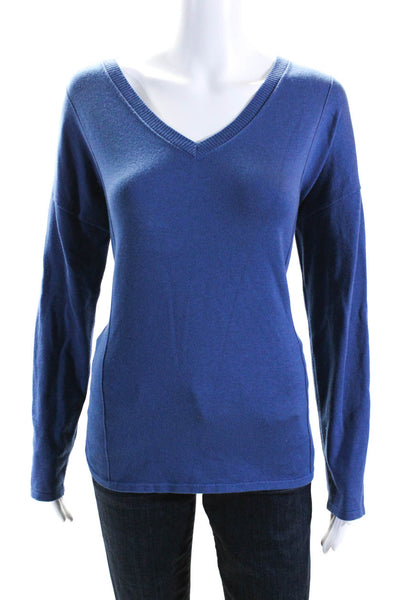 Elliott Lauren Womens Thin Knit V Neck Pullover Sweater Blue Cotton Size Medium