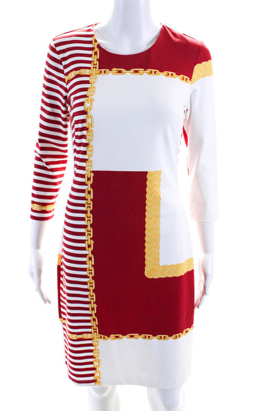 J. Mclaughlin Womens Striped Print Knee Length Sheath Dress Red White Size XS