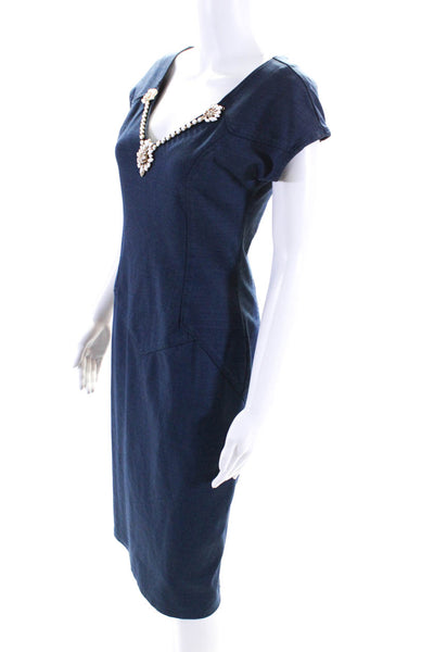 Cavalli Class Womens Beaded Detail Short Sleeve Blue Jersey Shift Dress Size 6