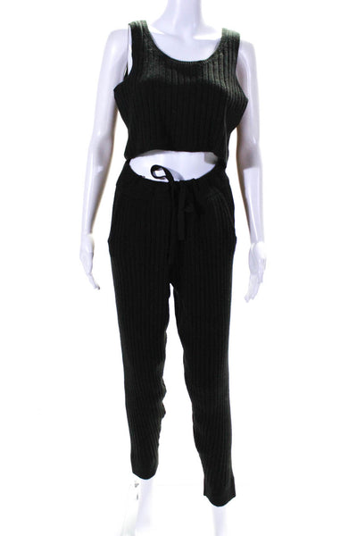 525 Womens Black Ribbed Knit Scoop Neck Cropped Top Pants Set Size M L
