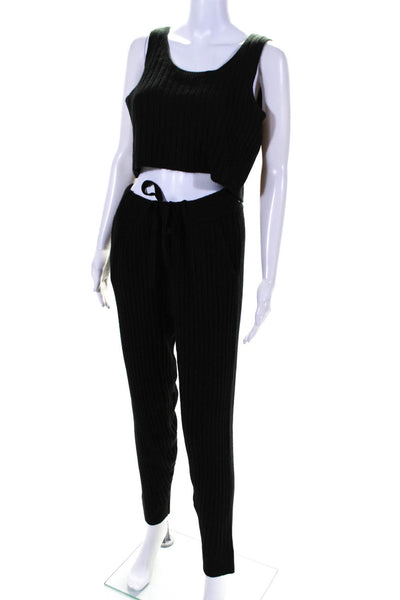 525 Womens Black Ribbed Knit Scoop Neck Cropped Top Pants Set Size M L