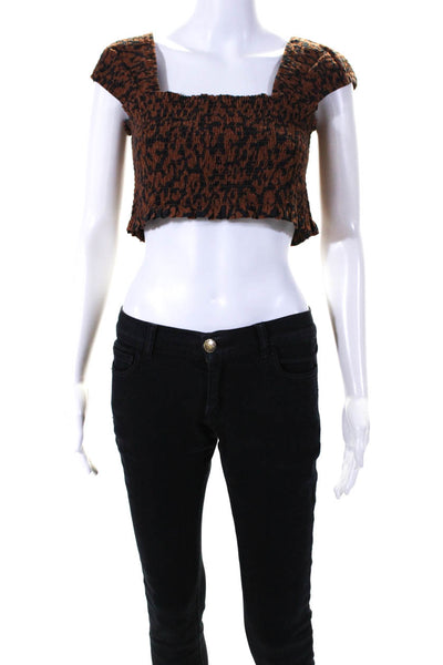 Nicholas Womens Brown Printed Smocked Square Neck Crop Blouse Top Size 8