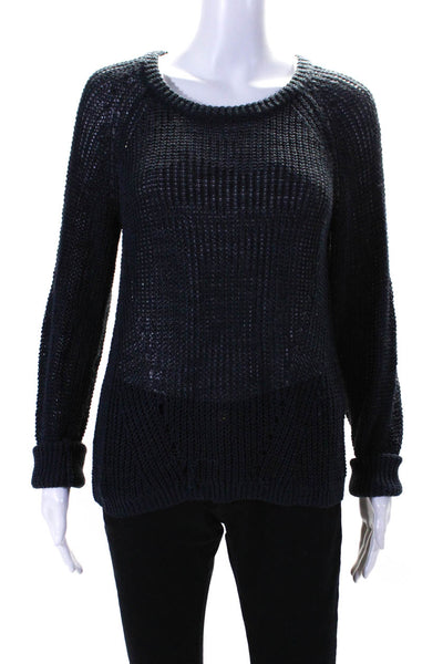 360 Sweater Womens Navy Open Knit Linen Crew Neck Long Sleeve Sweater Top Size M