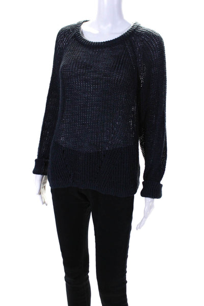 360 Sweater Womens Navy Open Knit Linen Crew Neck Long Sleeve Sweater Top Size M