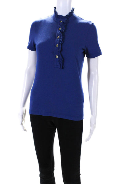 Tory Burch Womens Cotton Ruffled V-Neck Short Sleeve Buttoned Blouse Blue Size S