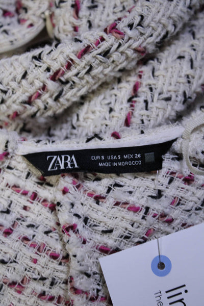Zara Womens Back Zip Short Sleeve V Neck Tweed Dress White Pink Size Small