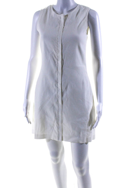 Theory Womens Front Zip Sleeveless Crew Neck Shift Dress White Linen Size 0