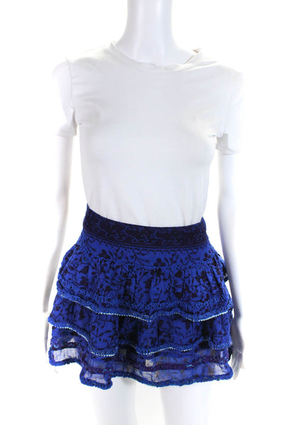 Poupette St. Barth Womens Floral Print Mini Tiered Skirt Blue Size Extra Small