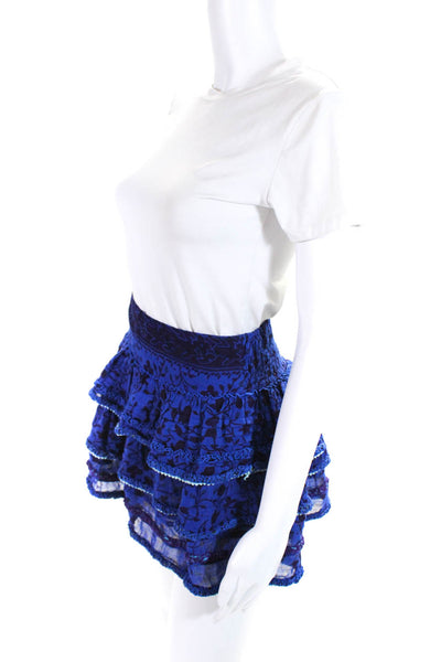 Poupette St. Barth Womens Floral Print Mini Tiered Skirt Blue Size Extra Small