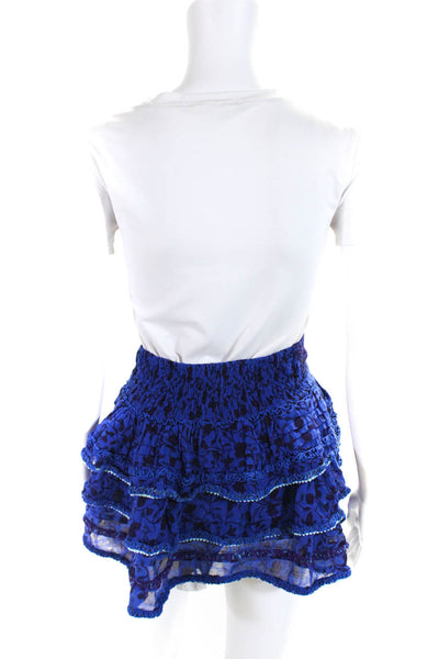 Poupette St. Barth Womens Floral Print Mini Tiered Skirt Blue Size Extra Small