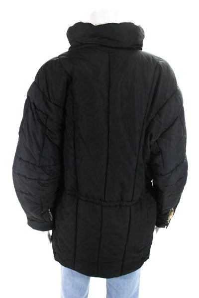 Hermes Womens Silk High Neck Long Sleeve Mid-Length Puffer Coat Black SIze 38