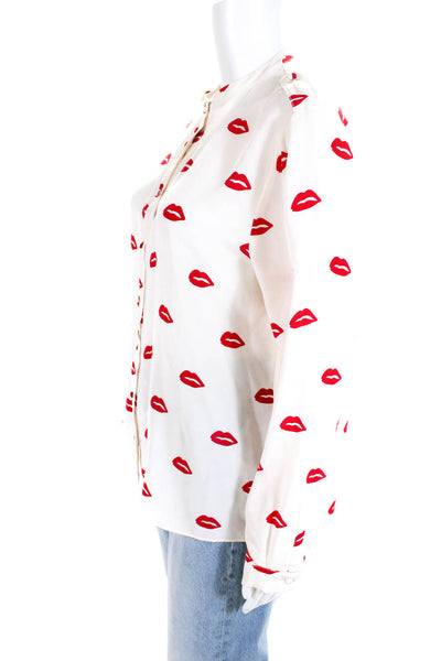 American Retro Womens White Lips Print Silk Long Sleeve Blouse Top Size 40